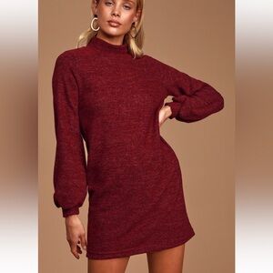 Lush Lulus Sweater Dress Heathered Burgundy Red Mock Neck Small